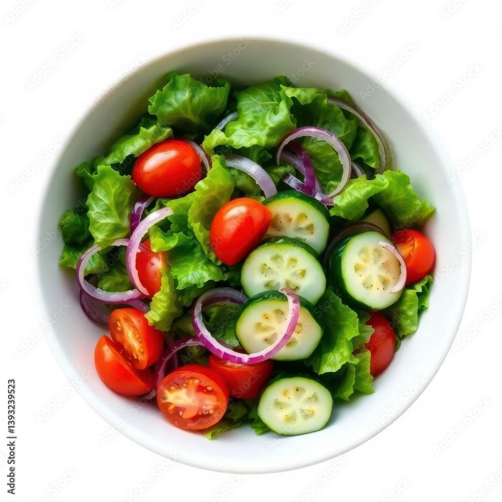 Fresh salad with lettuce, tomatoes, cucumbers, and red onion in a white bowl, vibrant and appetizing. Fresh salad with lettuce, tomatoes, cucumbers, and red onion in a white bowl, vibrant and appetizing.