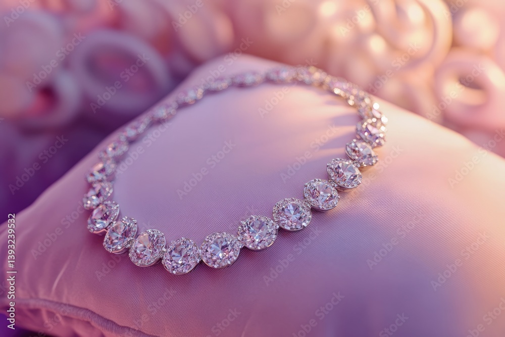 Elegant diamond necklace rests on a soft pink cushion, showcasing its sparkle and luxurious design. Elegant diamond necklace rests on a soft pink cushion, showcasing its sparkle and luxurious design.