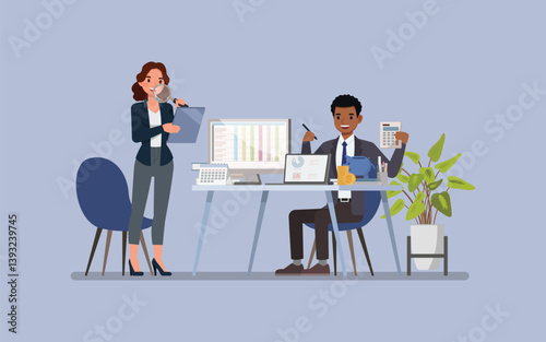 Financial Plan concept. Businessman and businesswoman working in office, surrounded by charts, financial reports, and a computer. Character vector illustration design.