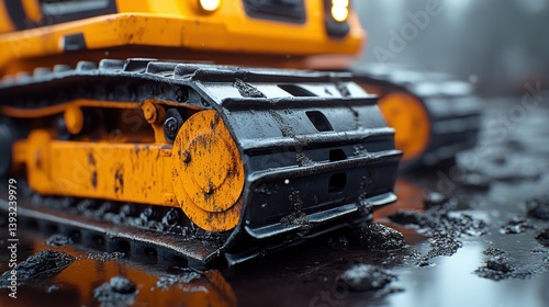 Close-up of a tracked vehicle in muddy terrain.  The vehicle's orange tracks are covered in dark mud and 