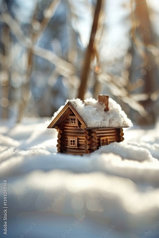 Snow-covered miniature log cabin in a winter forest scene Snow-covered miniature log cabin in a winter forest scene