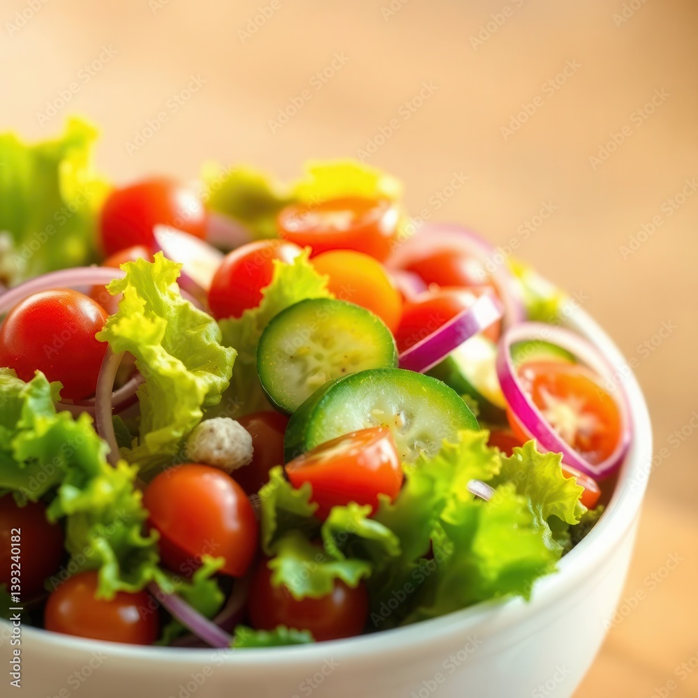Fresh salad with lettuce, tomatoes, cucumbers, and red onions in a white bowl. Healthy and vibrant. Fresh salad with lettuce, tomatoes, cucumbers, and red onions in a white bowl. Healthy and vibrant.