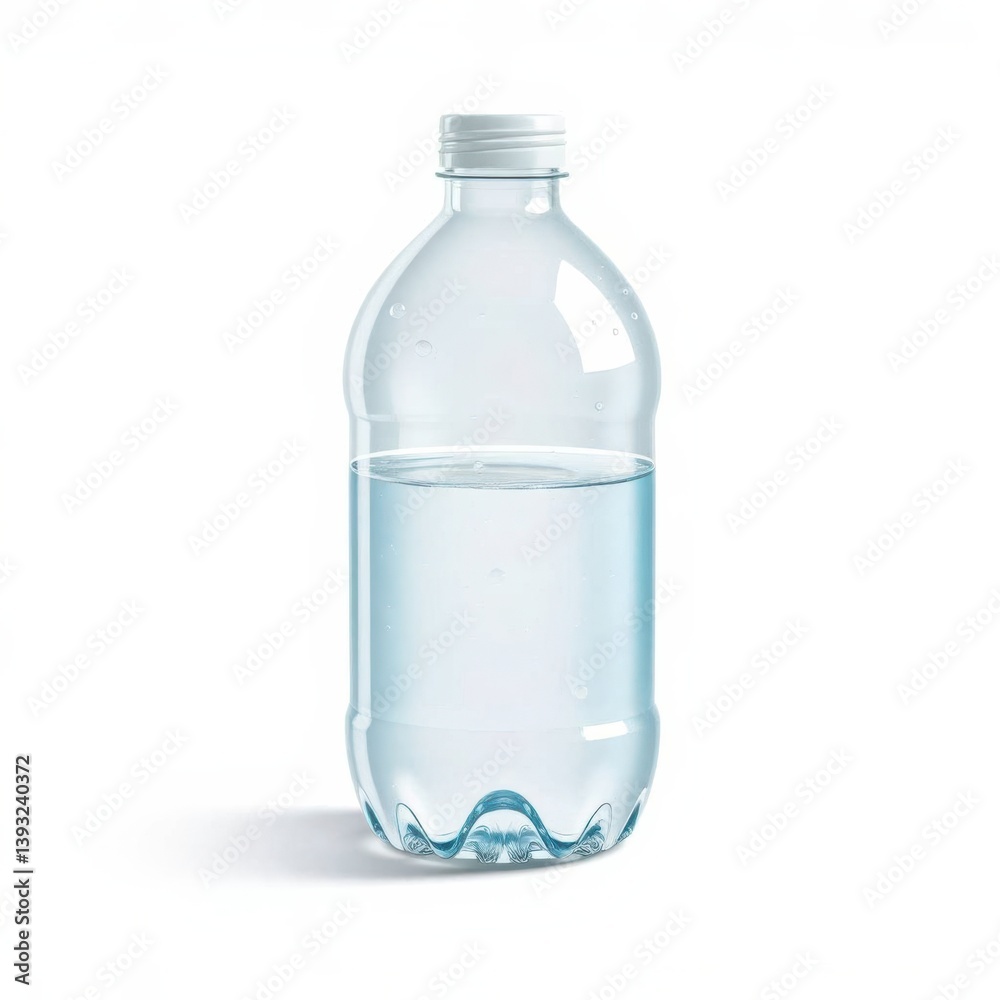 Clear refreshment: A plastic bottle, half-filled with pristine water, isolated against a clean white backdrop. Clear refreshment: A plastic bottle, half-filled with pristine water, isolated against a clean white backdrop.