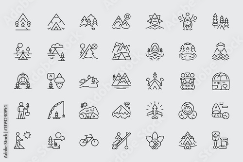 Mountain And Outdoor Activity Icons Set In Minimal Line Style Design