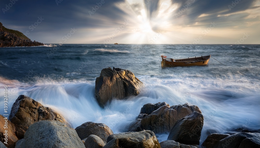Obraz premium Long Exposure of ocean and beach, wooden boat and ray of light in the sky