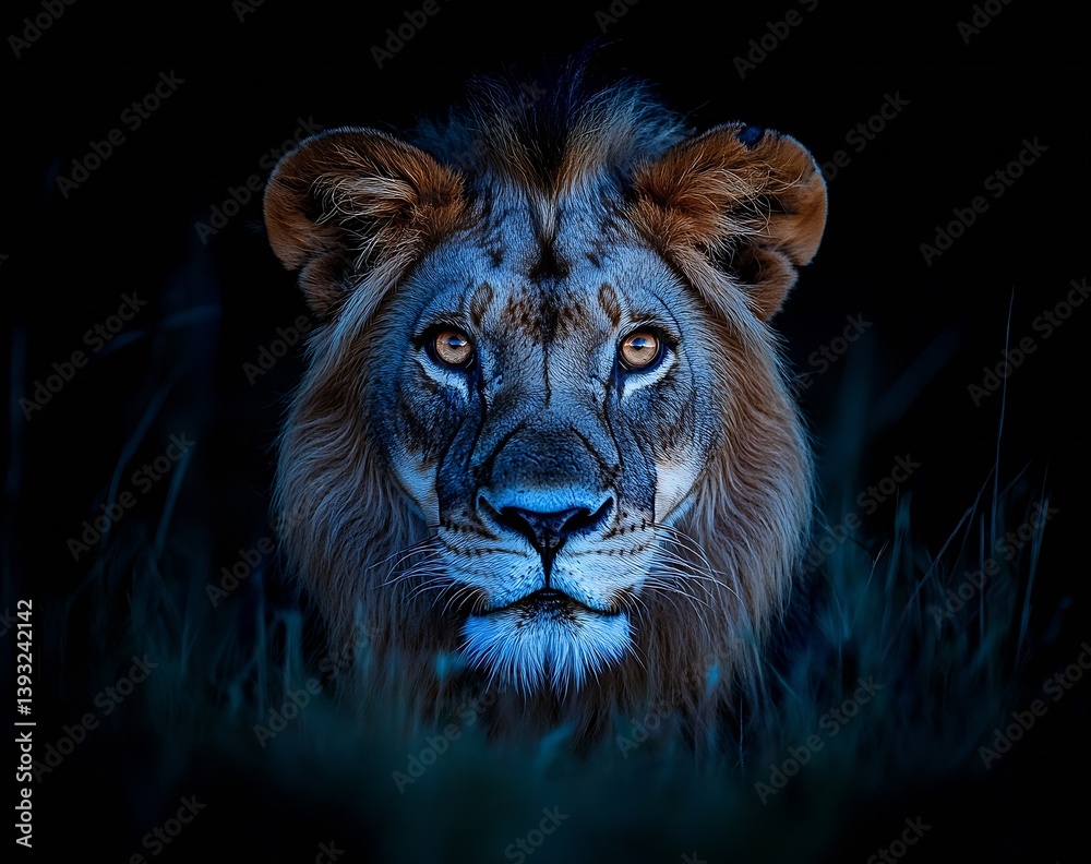 Naklejka premium Majestic Lion Portrait Dark Background Close Up Wildlife Photography Big Cat Animal Kingdom Feline Beauty : Generative AI