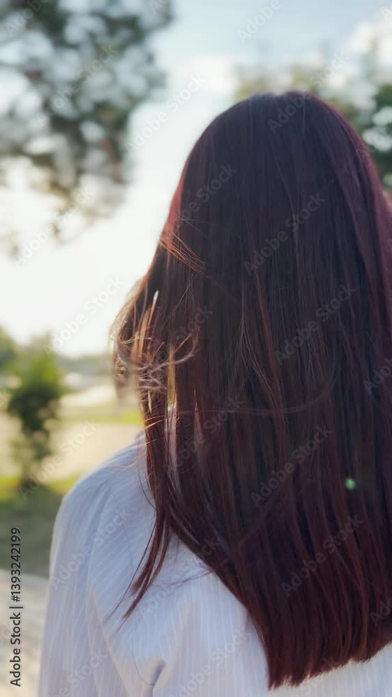 Scenic outdoor portrait from behind, Gentle movement of long hair, Woman appreciating nature, Sun-kissed brunette tresses, Dreamy and serene atmosphere, Casual beauty in the park, Soft lighting and Scenic outdoor portrait from behind, Gentle movement of long hair, Woman appreciating nature, Sun-kissed brunette tresses, Dreamy and serene atmosphere, Casual beauty in the park, Soft lighting and