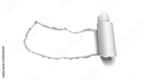 Realistic hole torn in white paper with curled rolled edges on transparent background