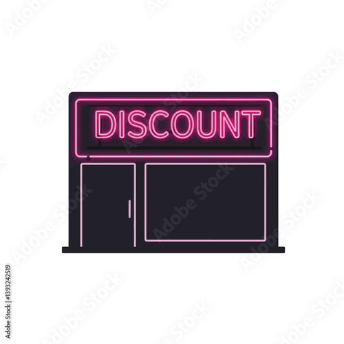 Discount store front design in minimal style featuring neon sign vector art