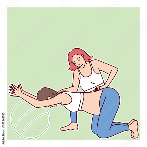 Pregnant woman stretching with the help of a trainer. The image highlights prenatal fitness, flexibility, and relaxation techniques to support a healthy pregnancy and preparation for childbirth