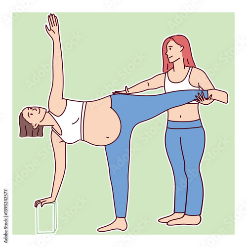 Pregnant woman practicing partner yoga with an instructor. The image represents prenatal fitness, body stretching, and support for expecting mothers through gentle exercise and wellness practices