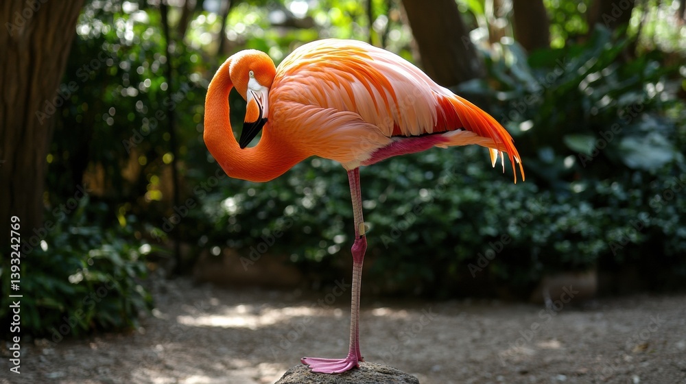Elegant flamingo resting on one leg in a lush environment, showcasing its vibrant pink and white feathers in natural light