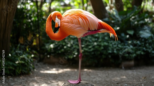 Obraz na płótnie Elegant flamingo resting on one leg in a lush environment, showcasing its vibrant pink and white feathers in natural light w salonie