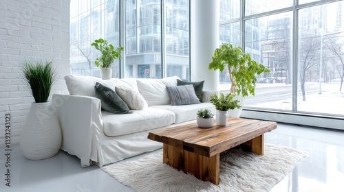 A stylish minimalist living room with a white sofa and floor-to-ceiling windows that showcase a snow-covered city street