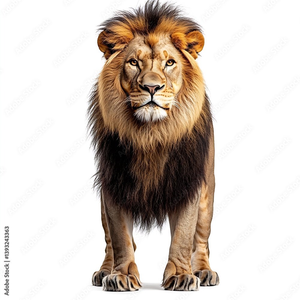 Obraz premium Majestic Lion Standing Proud on White Background Portrait of Powerful King of the Jungle Animal : Generative AI