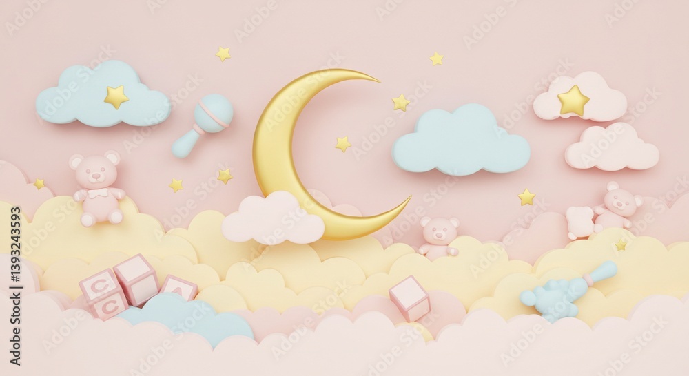 Adorable Baby Nursery Scene 3D Render of Moon Clouds Teddy Bears Toys Adorable Baby Nursery Scene 3D Render of Moon Clouds Teddy Bears Toys