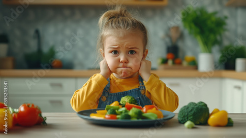 A young girl frowns and holds her ears as she sits at a kitchen table. Colorful vegetables surround her on the table, while her expression conveys discontent with her meal choice