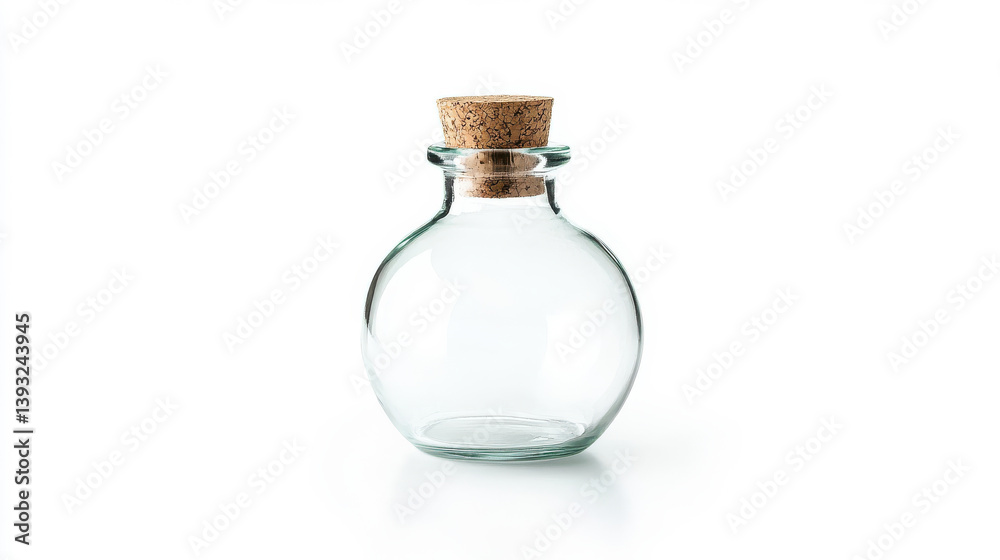 A clear glass bottle with a rounded body and a cork stopper stands on a clean white surface. Its minimalist design highlights its versatility and potential uses for various purposes A clear glass bottle with a rounded body and a cork stopper stands on a clean white surface. Its minimalist design highlights its versatility and potential uses for various purposes