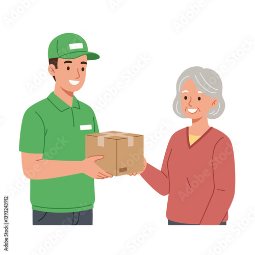 Delivery person handing package to smiling elderly woman in flat vector art