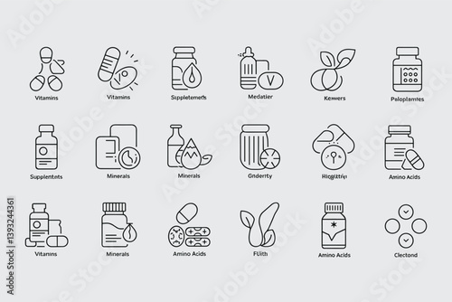 Vitamins Minerals And Supplements Icon Set Collection With Unique Line Style