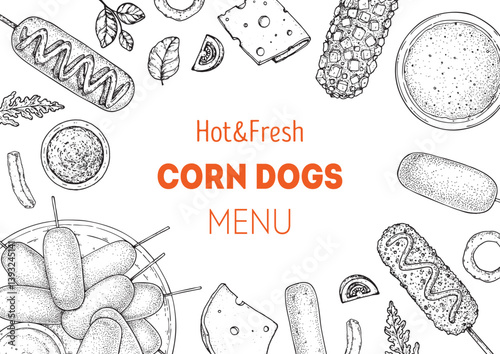 Hand drawn corndog frame. Corn dog sketch. Fast food vector illustration. Hand drawn vector illustration. Hand drawing sketches