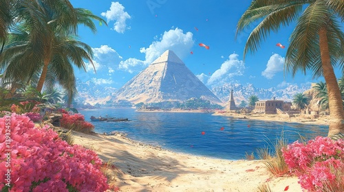 Sun-drenched Egyptian oasis with pyramid