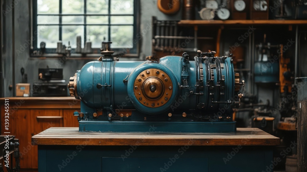 Fototapeta premium Antique teal machine on wooden workbench in a vintage workshop