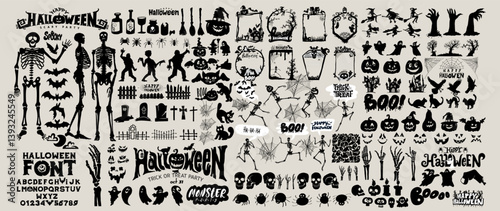 Halloween vector black silhouettes and front. Hand draw haunted house, creepy tree, crow, skeleton, pumpkins, halloween ghost, flying witch, zombie, owl, tombstone fence, witch's broom, coffin, font.