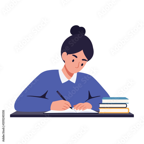 Person studying at a desk with books in flat vector art