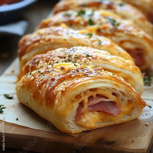 Delicious Ham and Cheese Strudel Rolls on Wooden Cutting Board