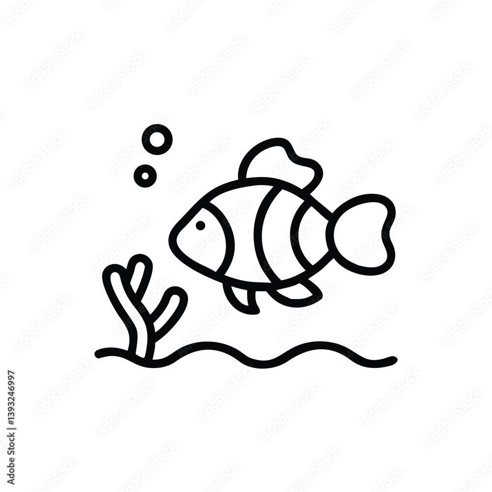 Line Art Of Tropical Fish With Seaweed And Bubbles In Minimal Style Line Art Of Tropical Fish With Seaweed And Bubbles In Minimal Style