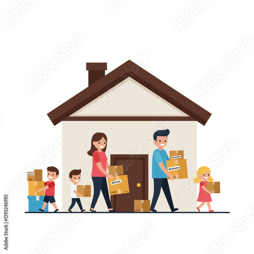 Family carrying boxes to a house in flat vector illustration