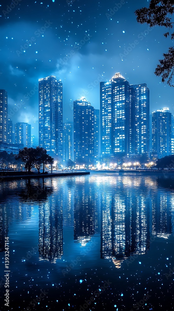 Fototapeta premium Night time city skyline reflecting in the still waters below the skyline