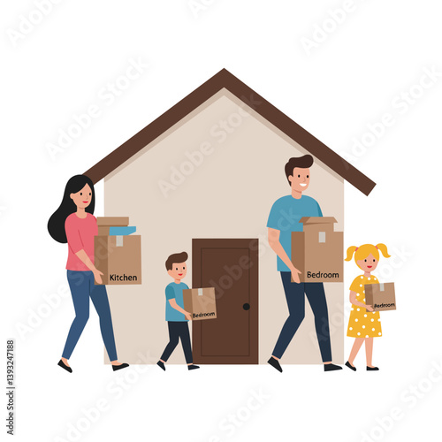 Family carrying boxes into house with flat design style vector art