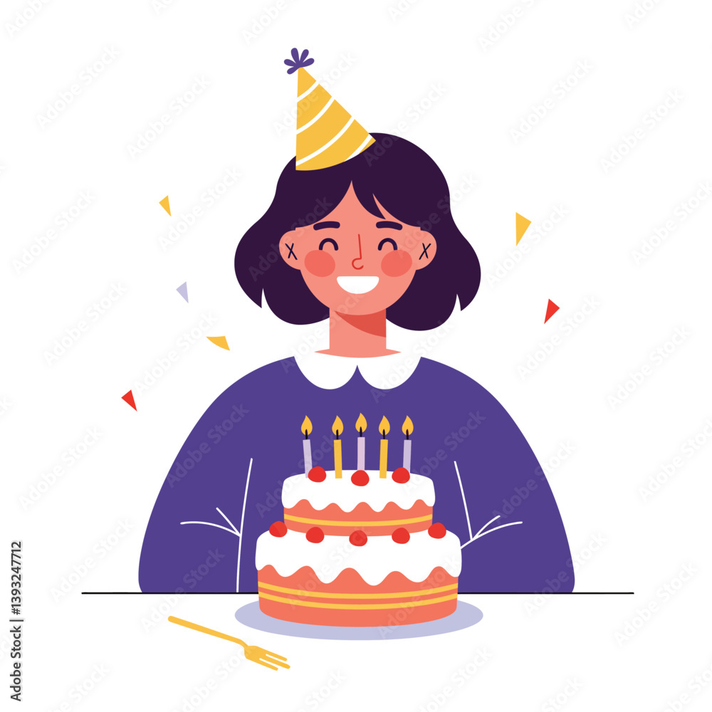 Happy girl celebrating birthday with cake in flat vector art style Happy girl celebrating birthday with cake in flat vector art style