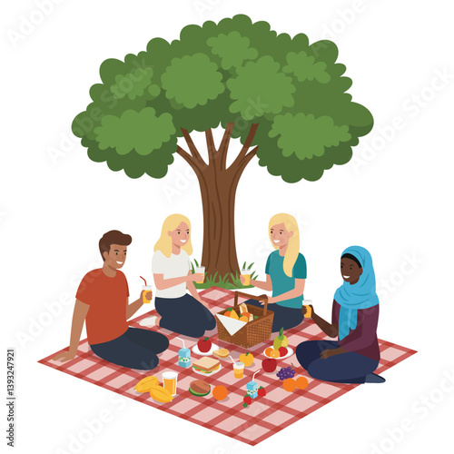 Group of friends enjoying a picnic under a tree in flat vector art