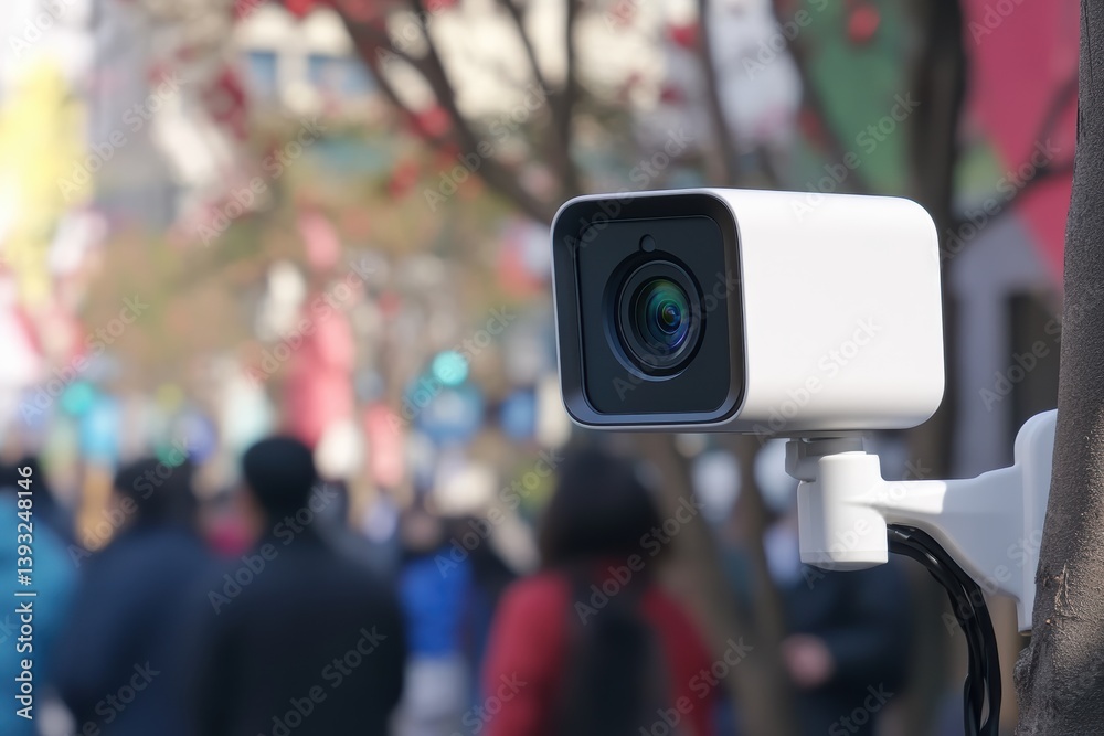 Motion detection video camera monitoring crowded urban area during the day Motion detection video camera monitoring crowded urban area during the day