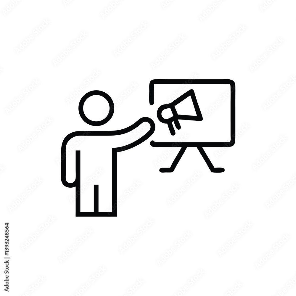 Presenter With Megaphone On Board Promoting Information And Communication Outline Icon Presenter With Megaphone On Board Promoting Information And Communication Outline Icon