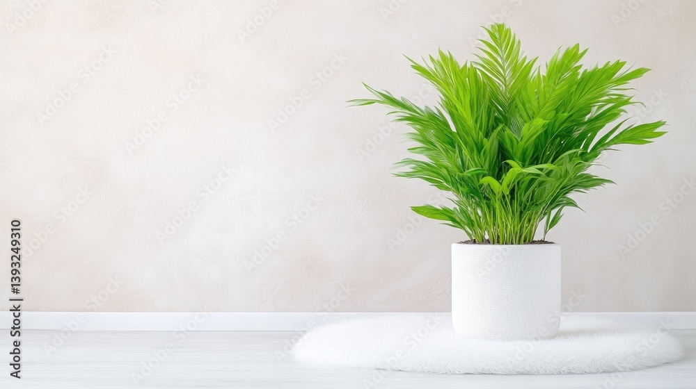 Fototapeta premium A lush green plant in a white pot sitting on a white platform against a plain beige wall, minimalist interior design, and modern home decor concept.