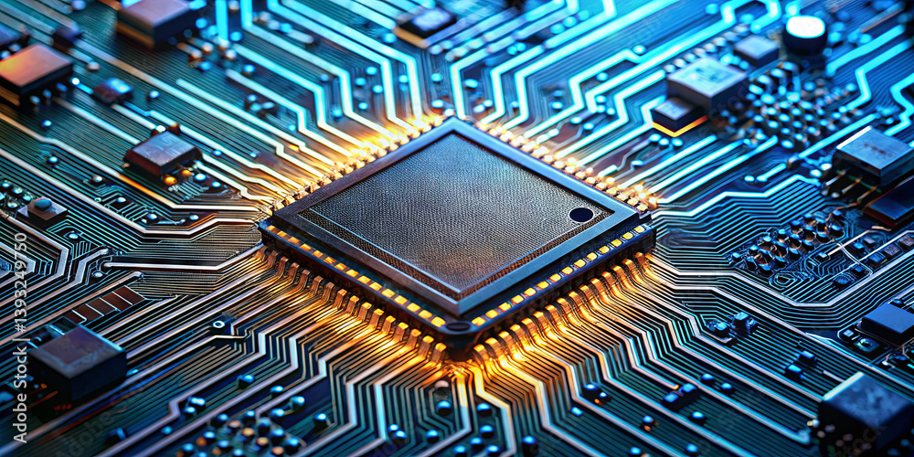 The close-up image highlights a computer chip surrounded by complex circuit patterns. The glowing elements create a vibrant atmosphere, emphasizing technological advancement The close-up image highlights a computer chip surrounded by complex circuit patterns. The glowing elements create a vibrant atmosphere, emphasizing technological advancement