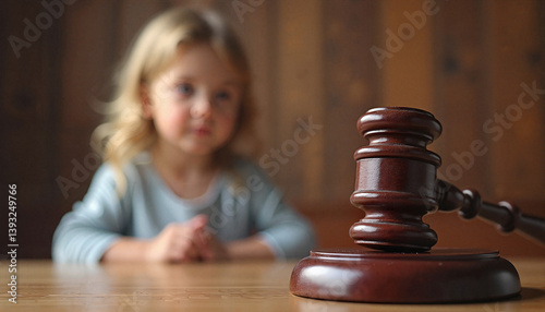 Child figure contemplating justice with courtroom gavel, legal symbolism