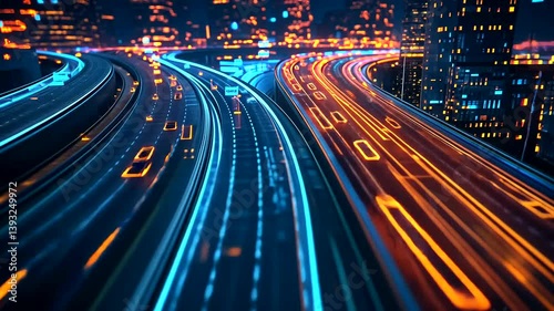 A vibrant night scene of bustling city traffic with illuminated highways and skyscrapers