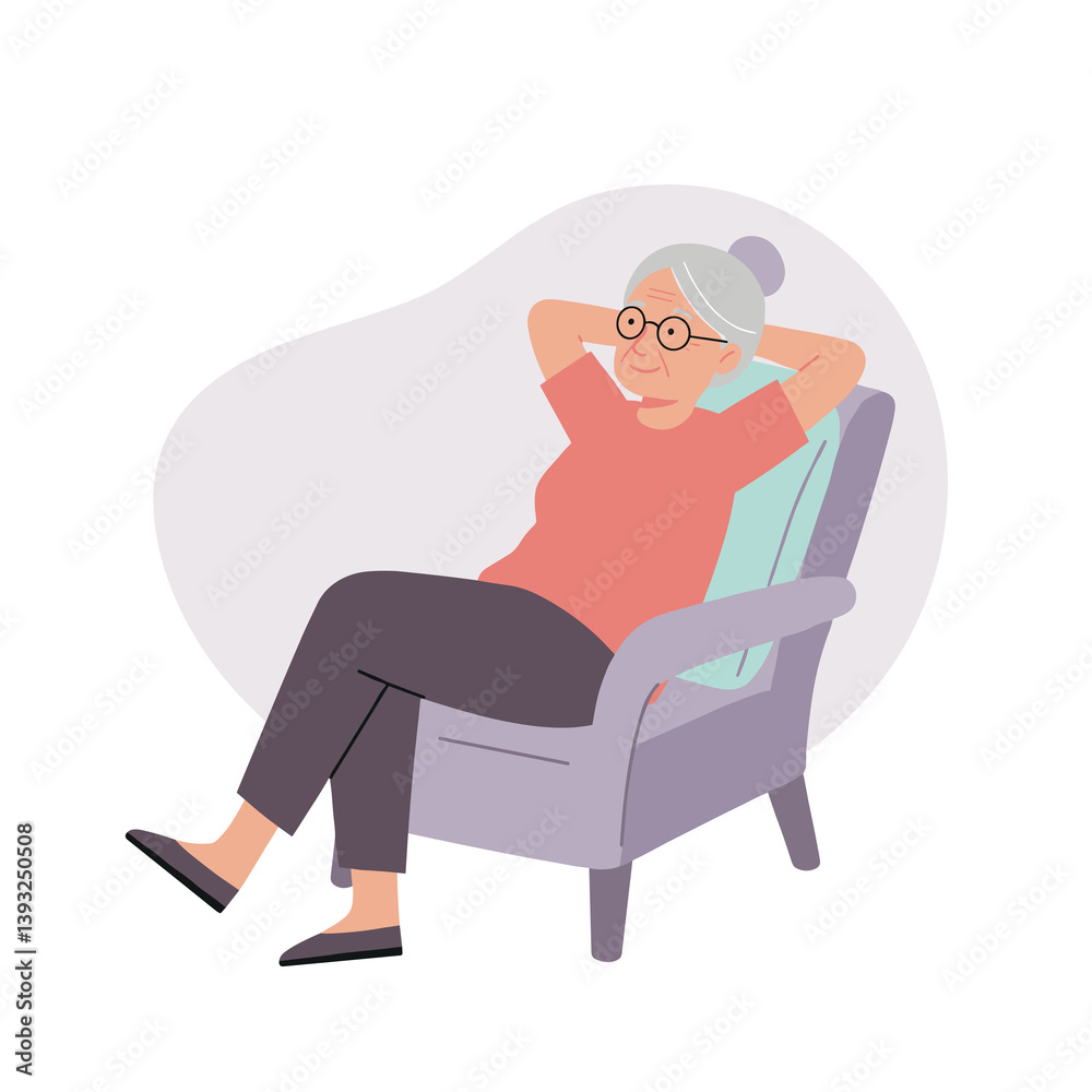 Elderly woman relaxing in an armchair against a simple background