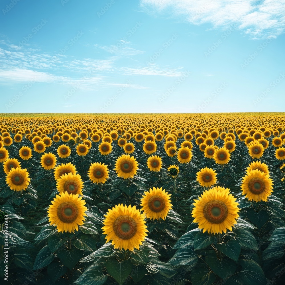 Obraz premium image of a vast sunflower field glowing under a radiant summer sky isolated on a plain background endless rows of bright sunflowers reaching toward a clear blue sky 