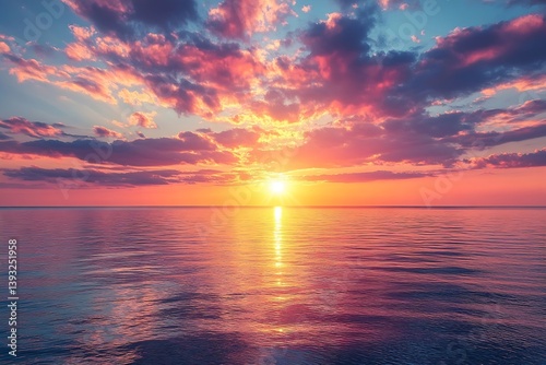 Breathtaking Sunset Over Calm Ocean Reflecting Fiery Colors in Sky Nature's Masterpiece Peaceful Waterscape Orange Pink Purple Hues : Generative AI