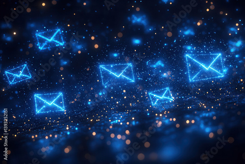 SMS, letter, virtual letter, email. Glowing blue envelopes symbolize modern email marketing on a vibrant yellow background for dynamic newsletter campaigns