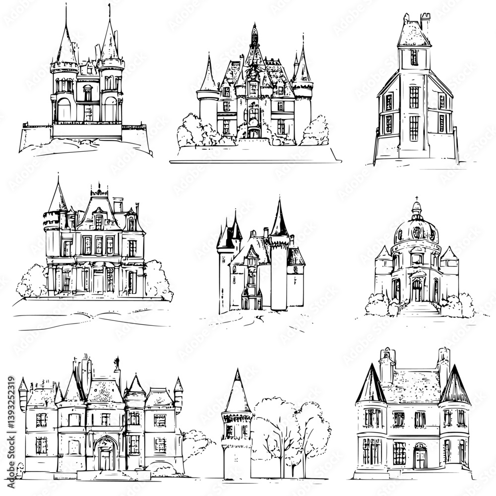 Collection of Chateaus line vector designs, Chateaus vector graphics Collection of Chateaus line vector designs, Chateaus vector graphics