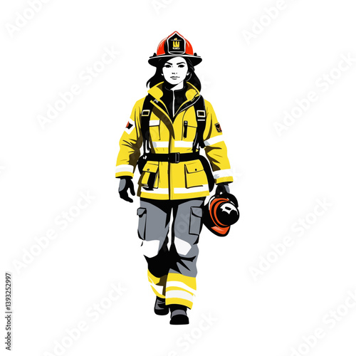 Detailed illustration of a female firefighter in full gear ready for action during an emergency response in a city setting
