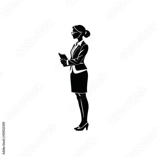 Confident Female Teacher in professional attire standing with hands in pockets