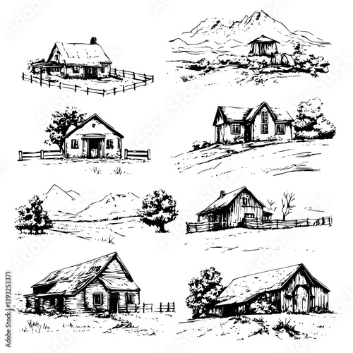 Collection of Ranches line vector designs, Ranches vector graphics